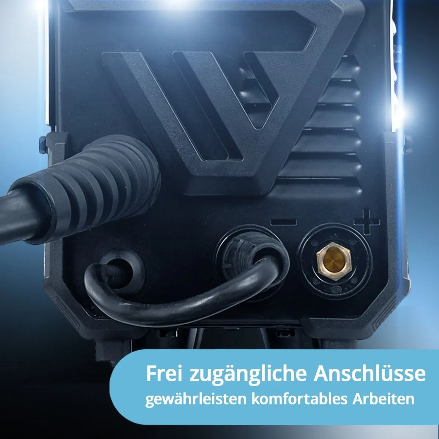 Detailaufnahme der Anschlüsse des STAHLWERK MIG MAG-160 M Schweißgeräts.