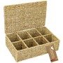 Geflochtene Seegras Teebox mit 8 Fächern und Klappdeckel für Teebeutel und Aufbewahrung in Küche und Esszimmer.