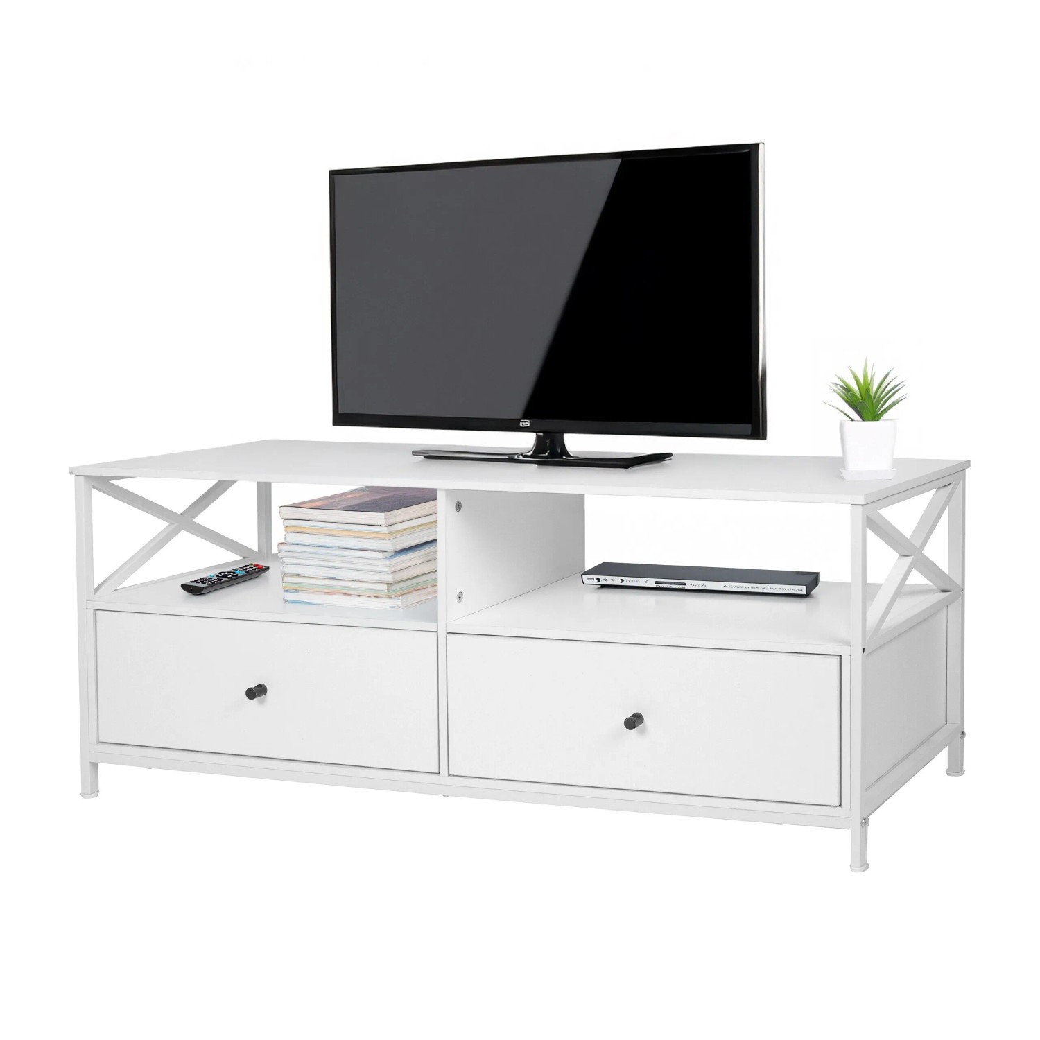 Relaxdays TV Lowboard MDF Stahl Weiß Schubladen 120 cm x 40 cm x 50 cm