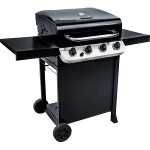 Schwarzer Char-Broil Gasgrill Convective 410 B mit 4 Brennern, Ablagen und Rädern.