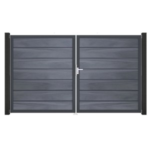 GroJa Grande Steckzaun Tor Premium, 2-flügelig, Steingrau. Gartentor mit Aluminiumrahmen und BPC-Füllung.