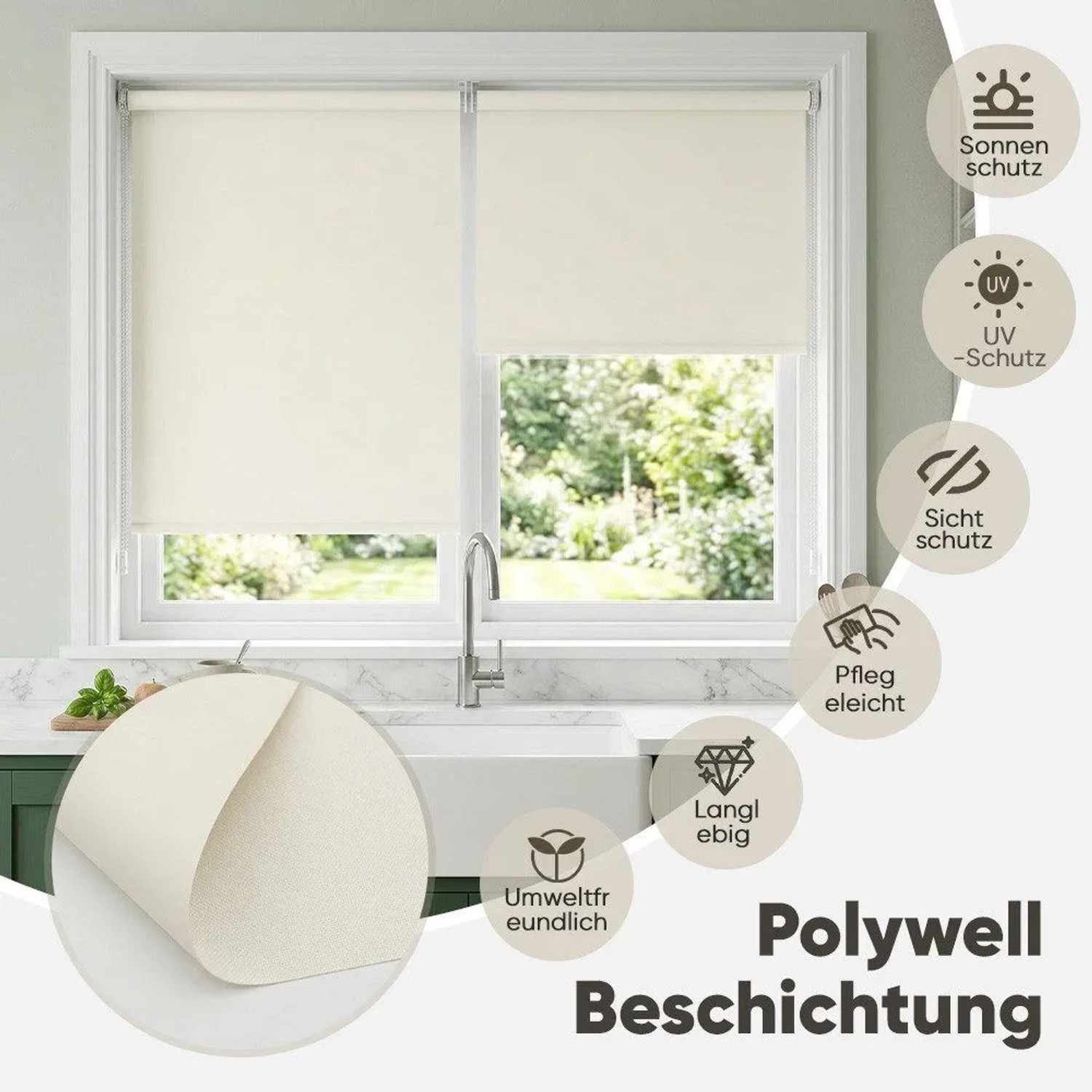 Beige Verdunkelungsrollos (70x130cm) ohne Bohren von Sekey am Fenster.