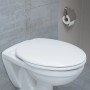 Weißer Schütte WC-Sitz mit Absenkautomatik auf einer Toilette montiert.