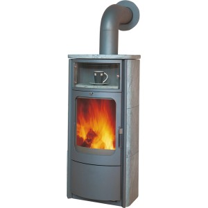 Hark Küchenofen Naturstein 5 kW mit Feuer, Tasse im Fach und Rauchrohr
