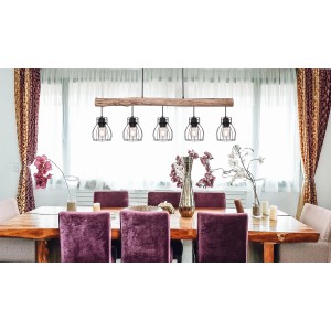 Globo Pendelleuchte Mina, schwarze Metall-Gitter Lampenschirme an Holzbalken über Esstisch.