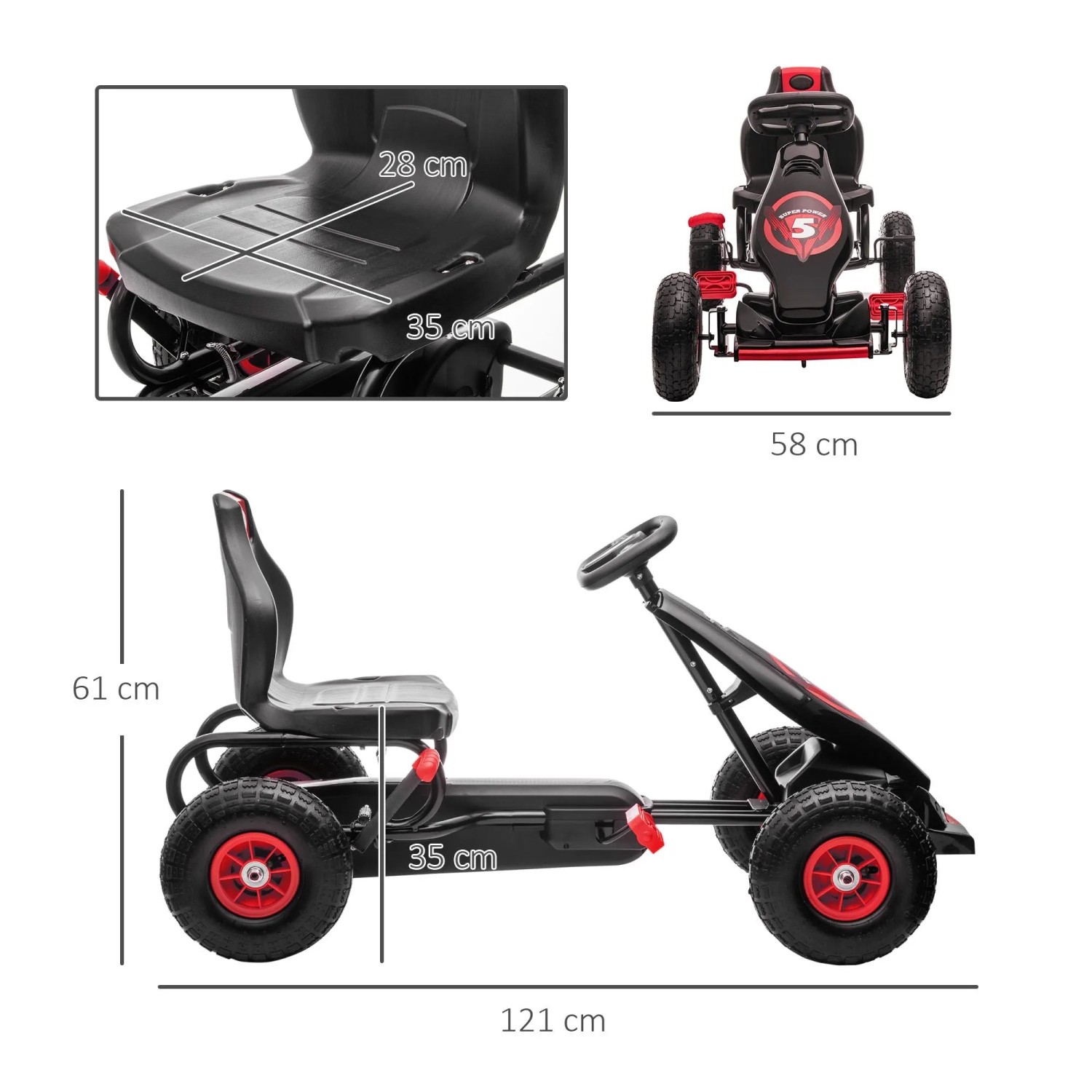 HOMCOM Gokart Kinderfahrzeug, schwarz-rot, mit verstellbarem Sitz und Gummireifen. Technische Ansicht mit Maßen.