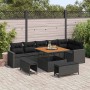 Schwarzes 9-teiliges vidaXL Garten-Sofa-Set aus Poly Rattan mit Tisch und Hockern für den Außenbereich.