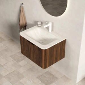 PXloue Badmöbel: Waschtisch mit Unterschrank (60 cm), Travertin Waschbecken, Walnuss Holzoptik.