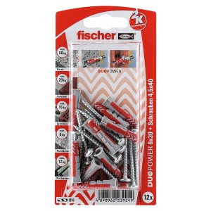 Fischer Dübel DuoPower 6x30 mit Schrauben, 12er-Packung. Universaldübel für sicheren Halt in vielen Baustoffen.