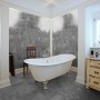 Badezimmer mit Classen Ceramin Fliesen Neo Vario Repello in dunkler Steinoptik als Boden- und Wandfliese.