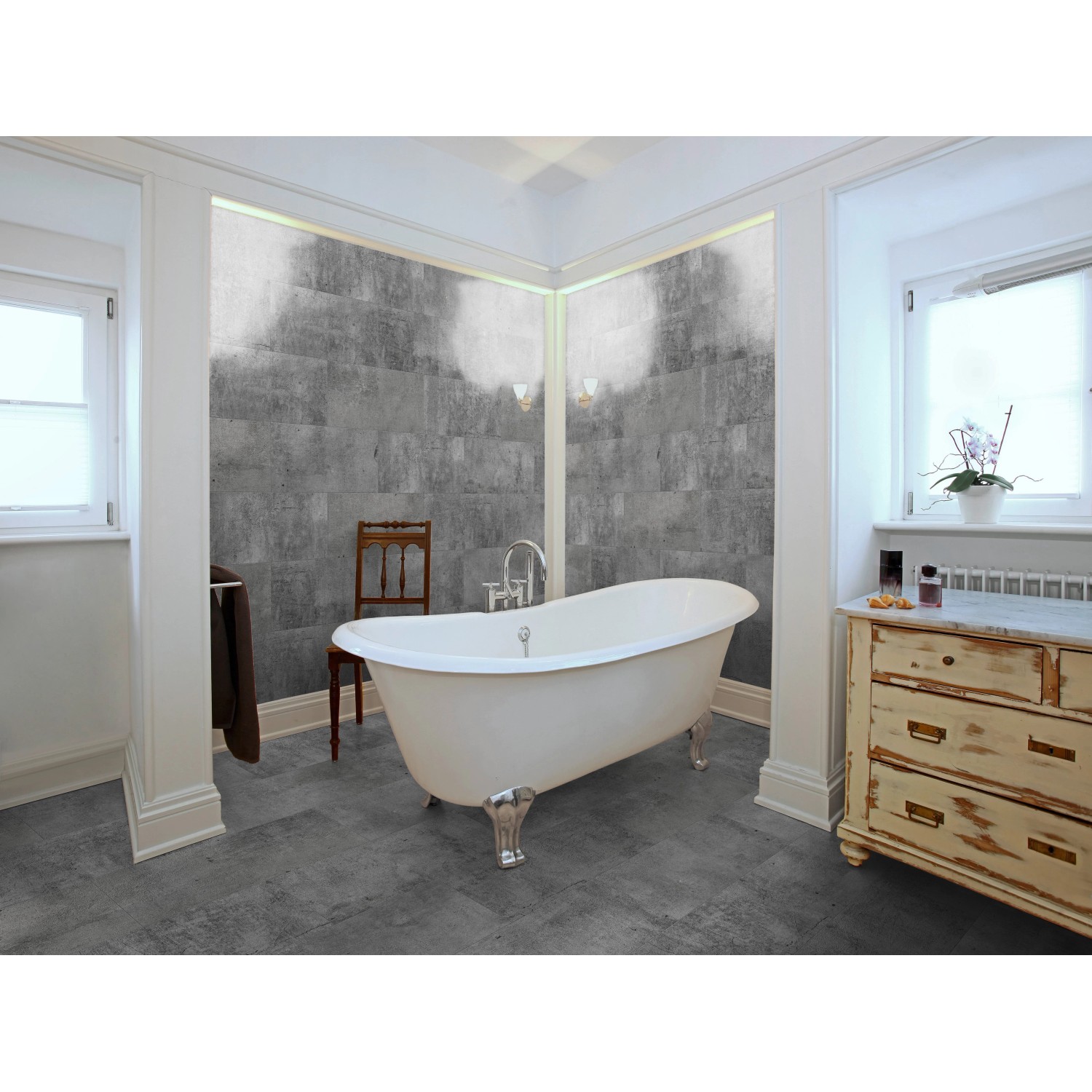 Badezimmer mit Classen Ceramin Fliesen Neo Vario Repello in dunkler Steinoptik als Boden- und Wandfliese.