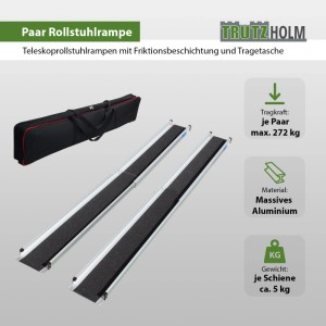 TRUTZHOLM Teleskop Rollstuhlrampe, 2er Set mit Tasche, Alu, verstellbar von 135 bis 244 cm, Traglast 272 kg.