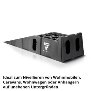 Schwarzer STAHLWERK Stufenkeil GT-15 ST aus HDPE-Kunststoff. Robuster Auffahrkeil zum Nivellieren von Wohnmobilen.
