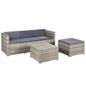 Graue Polyrattan Gartenlounge Punta Cana mit Sofa, Tisch und Hocker mit dunkelgrauen Bezügen.