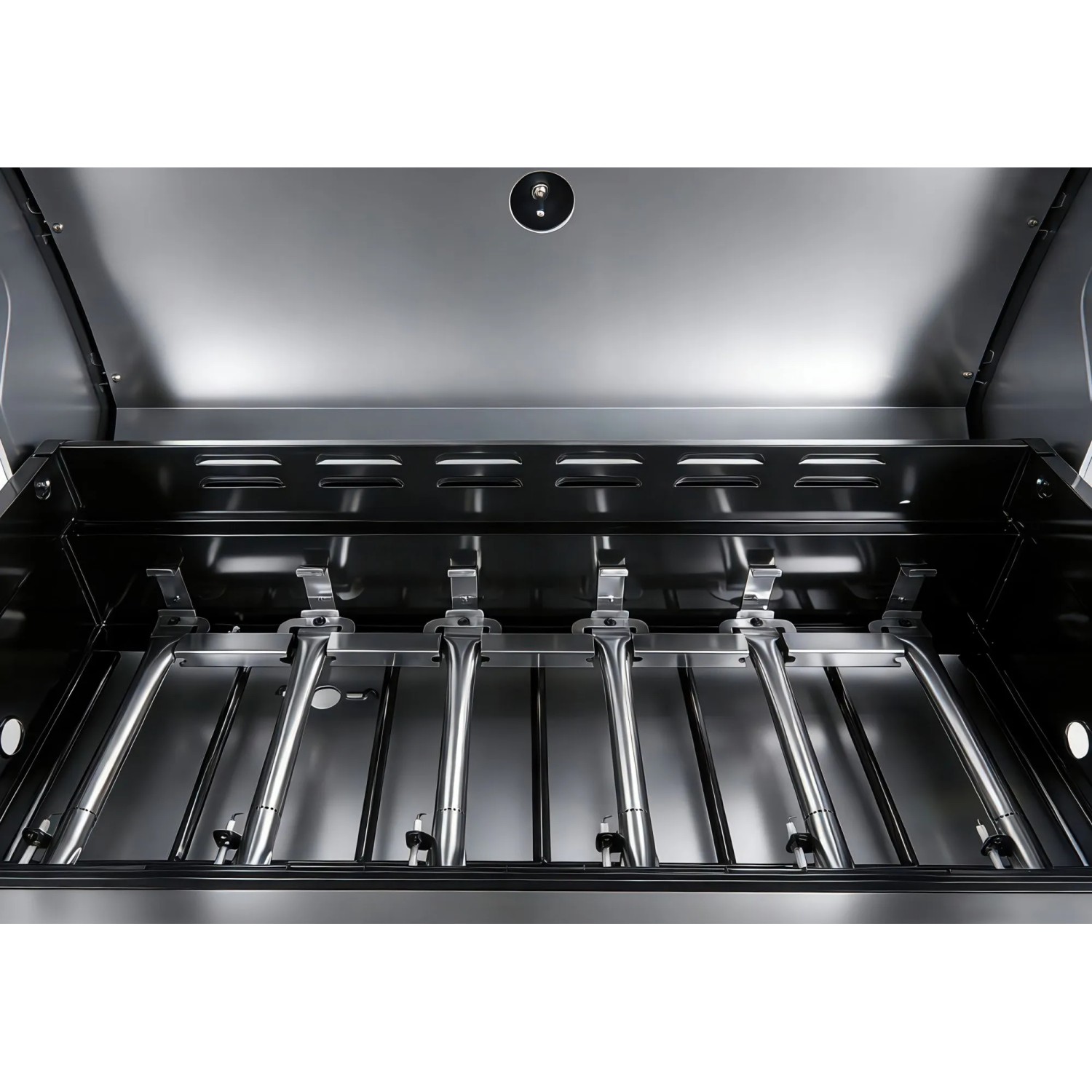 Innenansicht El Fuego Gasgrill Detroit mit 6+1 Brennern. Edelstahlbrenner und doppelwandiger Deckel sichtbar.