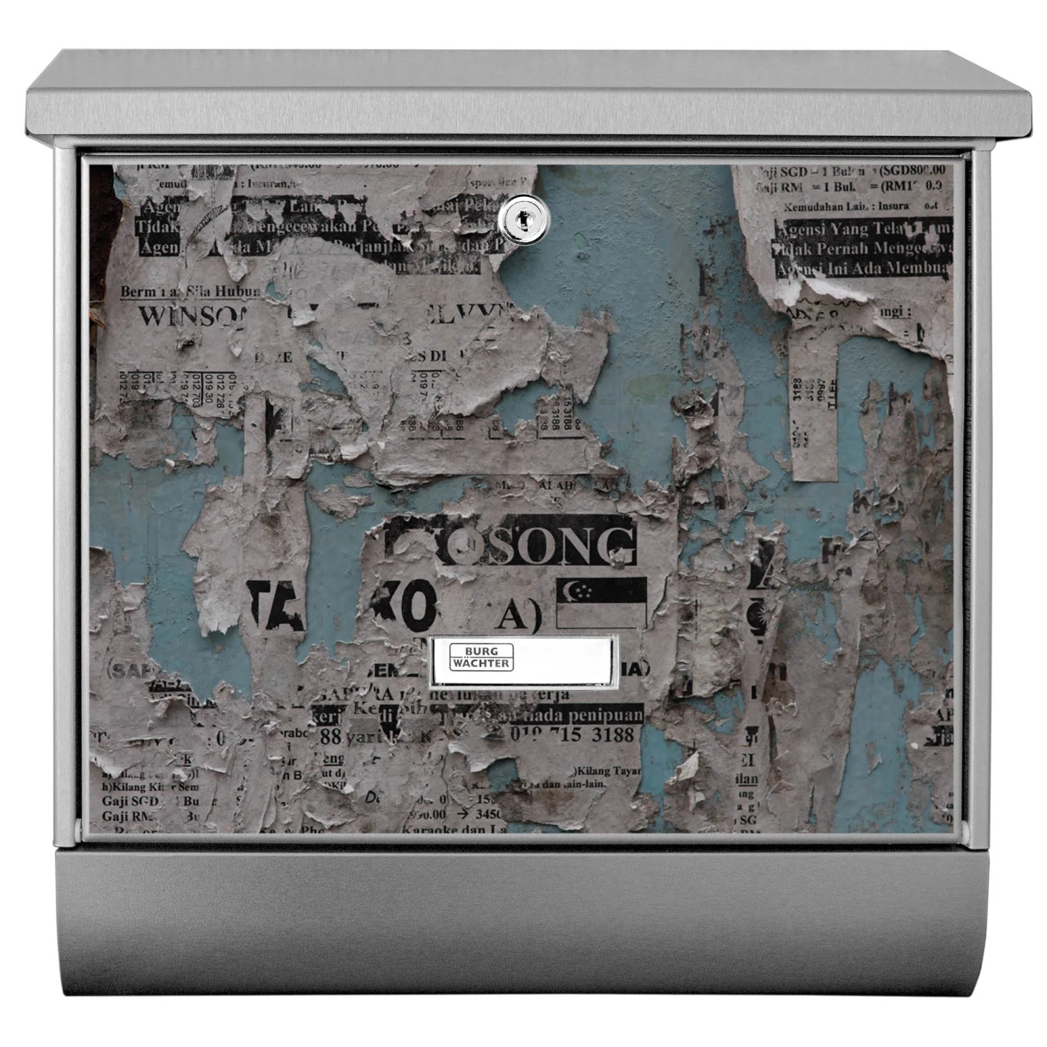 Banjado Edelstahl Briefkasten mit Zeitungsfach, Motiv Wand mit Zeitungen, 38x39x12cm.