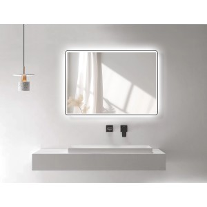 DSK LED-Lichtspiegel Black Rio, 100x70 cm, mit umlaufendem Raumlicht und schwarzem Rahmen.