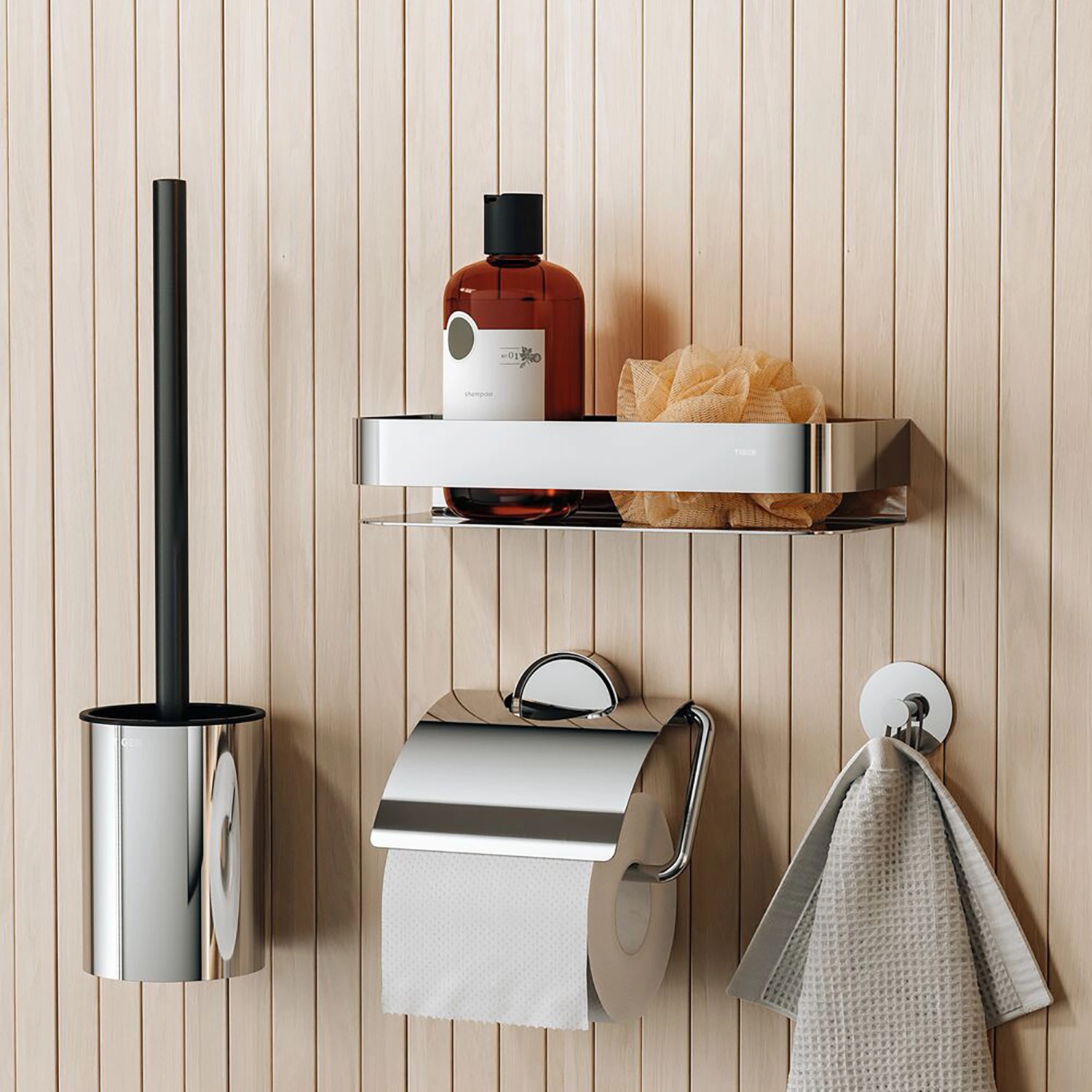 Tiger Toilettenbürste Ace mit Halter aus poliertem Edelstahl im Badezimmer.