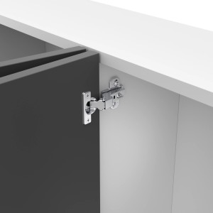 Hettich Mini-Scharnier für Möbel, Mittelwandanschlag, Montage an grauer Tür.