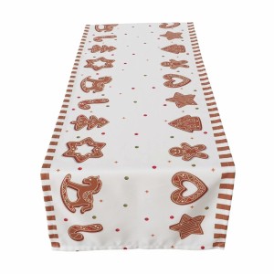 Weihnachtlicher Tischläufer Ginger mit Lebkuchenmotiven in Braun und Weiß, 140x40 cm.