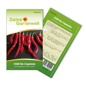 Deine Gartenwelt Chili De Cayenne Samenpackung mit roten Chilis.