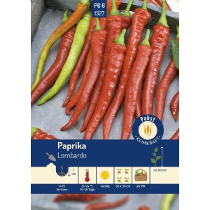Pabst Keimkraft Paprika 'Lombardo' Saatgut, längliche, rote Gemüsepaprika auf der Packung.