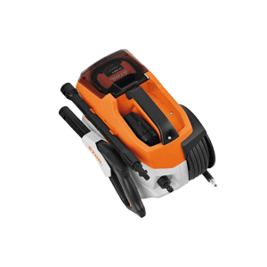 Stihl Akku-Hochdruckreiniger REA 100 Plus, orange-grau, kompakt mit Schlauchtrommel und Sprühlanze.