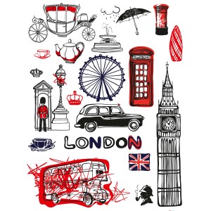 Wandtattoo London mit Motiven wie Big Ben, Bus und Telefonzelle in Schwarz und Rot, 65x85 cm.