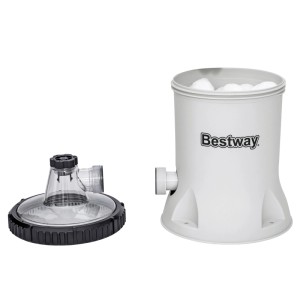 Weiße Bestway Polysphere Filterpumpe mit transparentem Deckel und Filterbällen im Gehäuse für Poolreinigung.