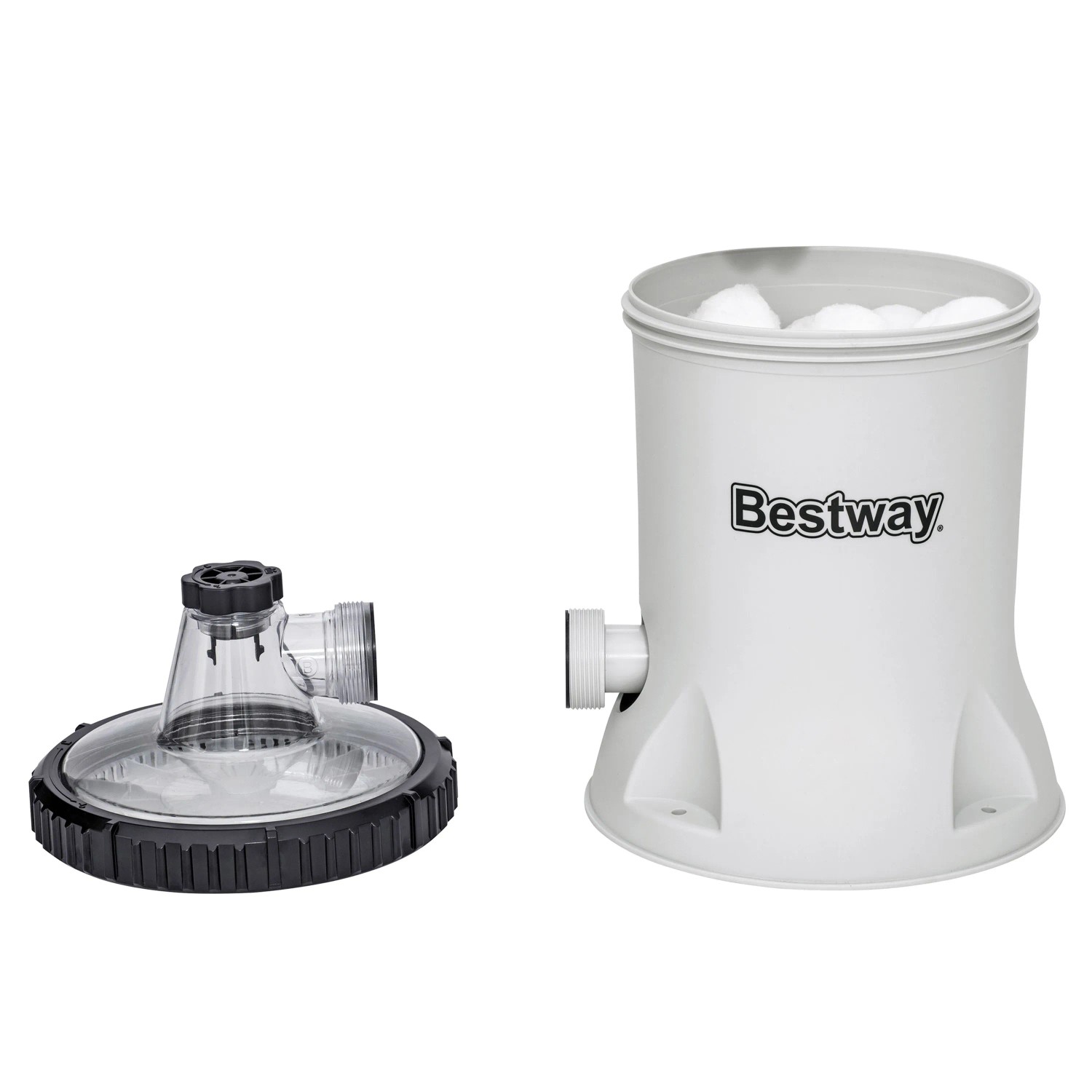 Weiße Bestway Polysphere Filterpumpe mit transparentem Deckel und Filterbällen im Gehäuse für Poolreinigung.
