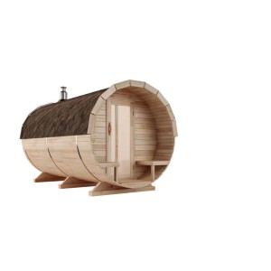Finntherm Fass-Sauna Charlotte aus Fichte, Ø 215 cm x 400 cm, mit Vordach und schwarzen Dachschindeln.