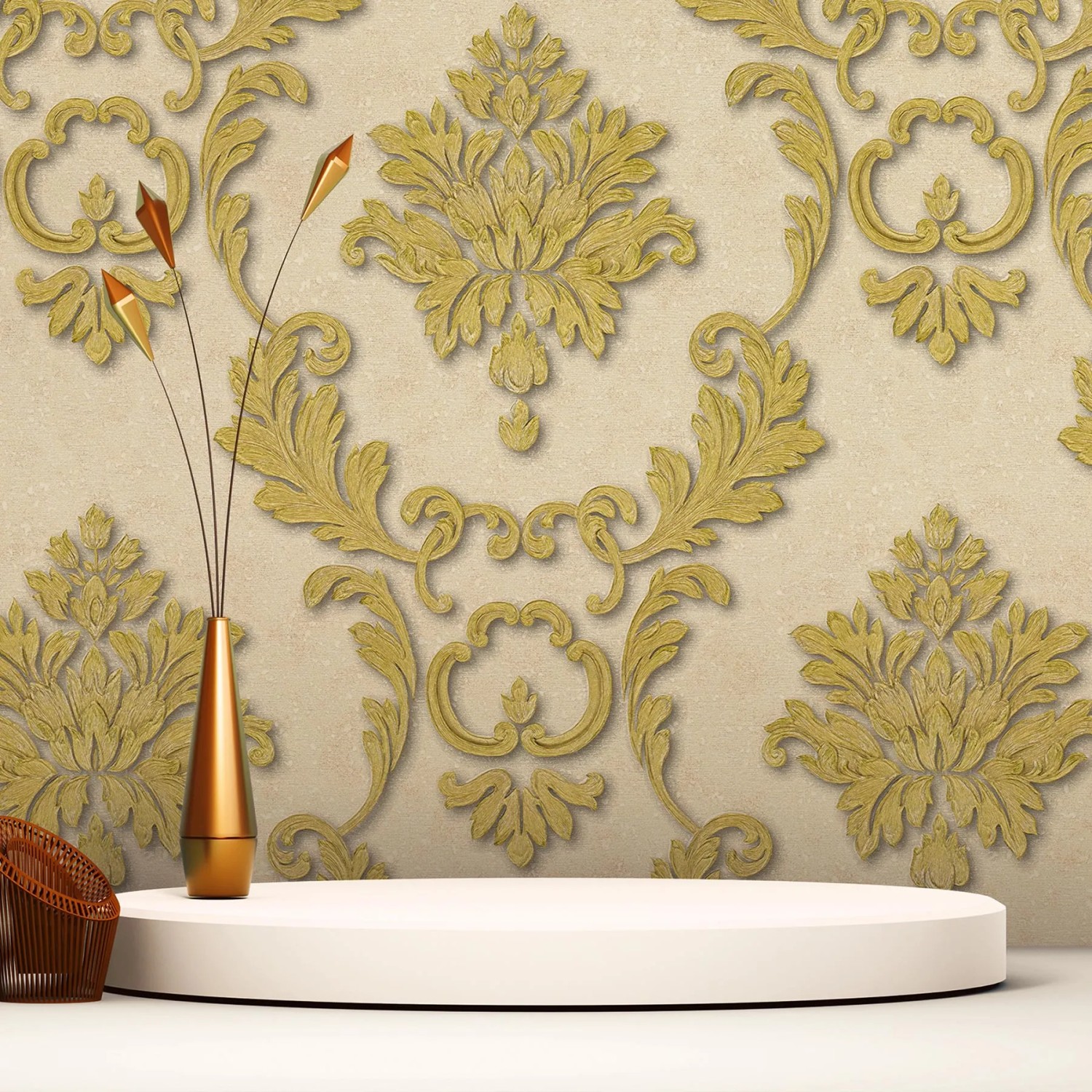 Barock Tapete Jacopo M1 No 2291, Vliestapete in Creme und Gold mit Barock Ornamenten.