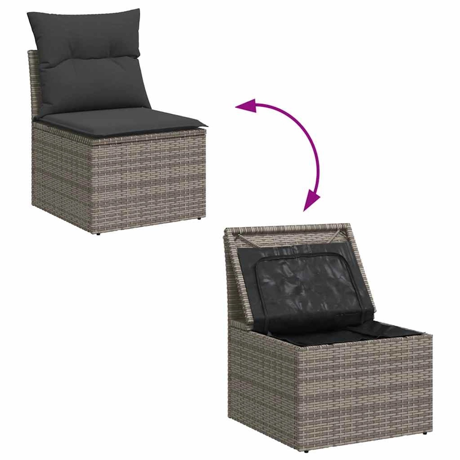 Garten-Sofagarnitur: Graues Rattan-Sofa mit Kissen, Stauraum und wasserfestem Beutel offen/geschlossen.