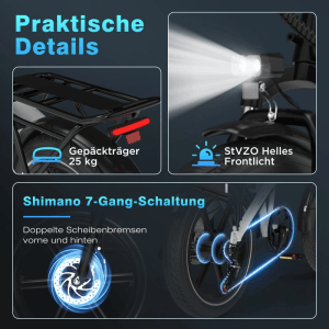 HITWAY E-Bike BK10S1: Gepäckträger 25kg, helles StVZO Frontlicht, Shimano 7-Gang-Schaltung, doppelte Scheibenbremsen.