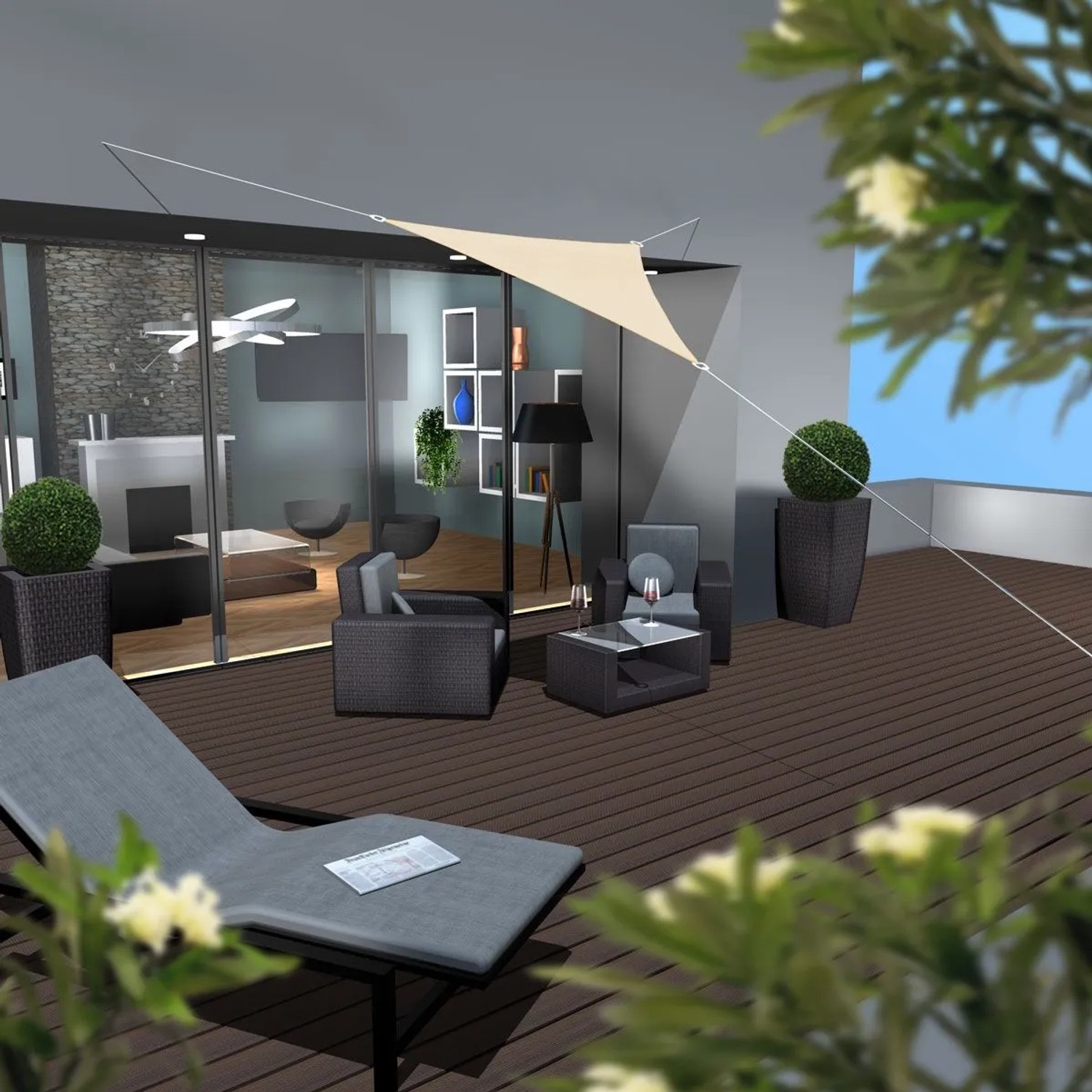 Beiges dreieckiges AMANKA Sonnensegel auf moderner Terrasse, spendet Schatten über Lounge-Möbeln. Ideal für Balkon & Garten.