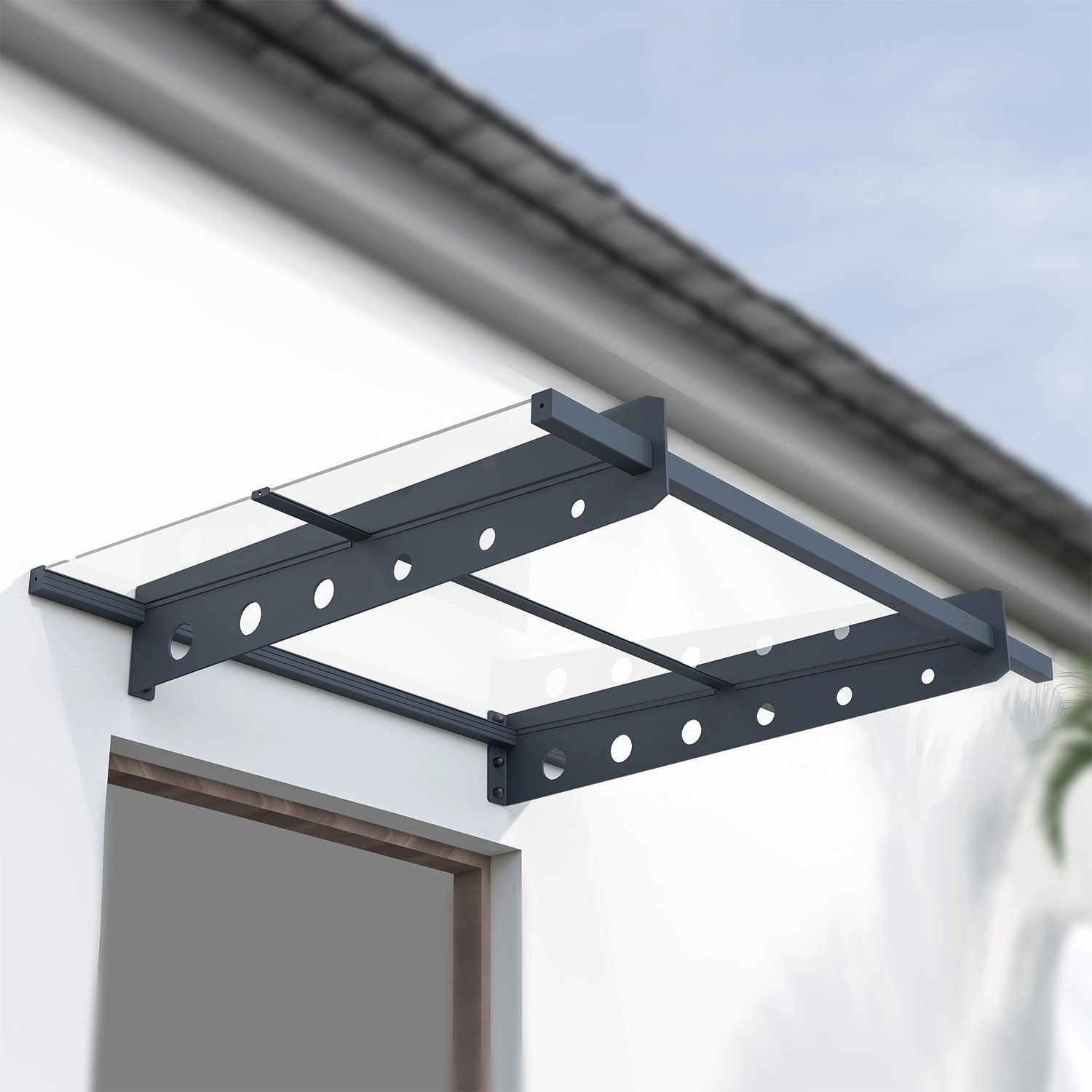 Modernes Juskys Vordach Manila 100x80 cm in Dunkelgrau mit Acrylglas für Haustür.