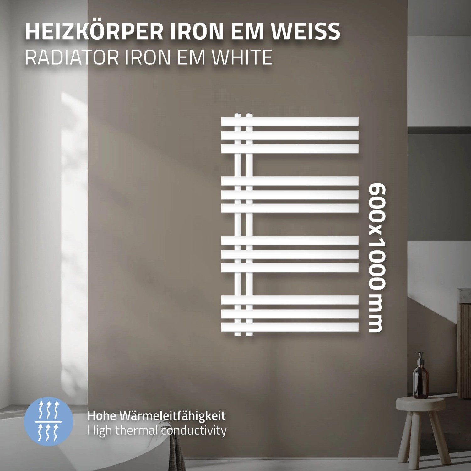 Weißer LuxeBath Iron EM Design Badheizkörper, 600x1000 mm, Paneelheizkörper.