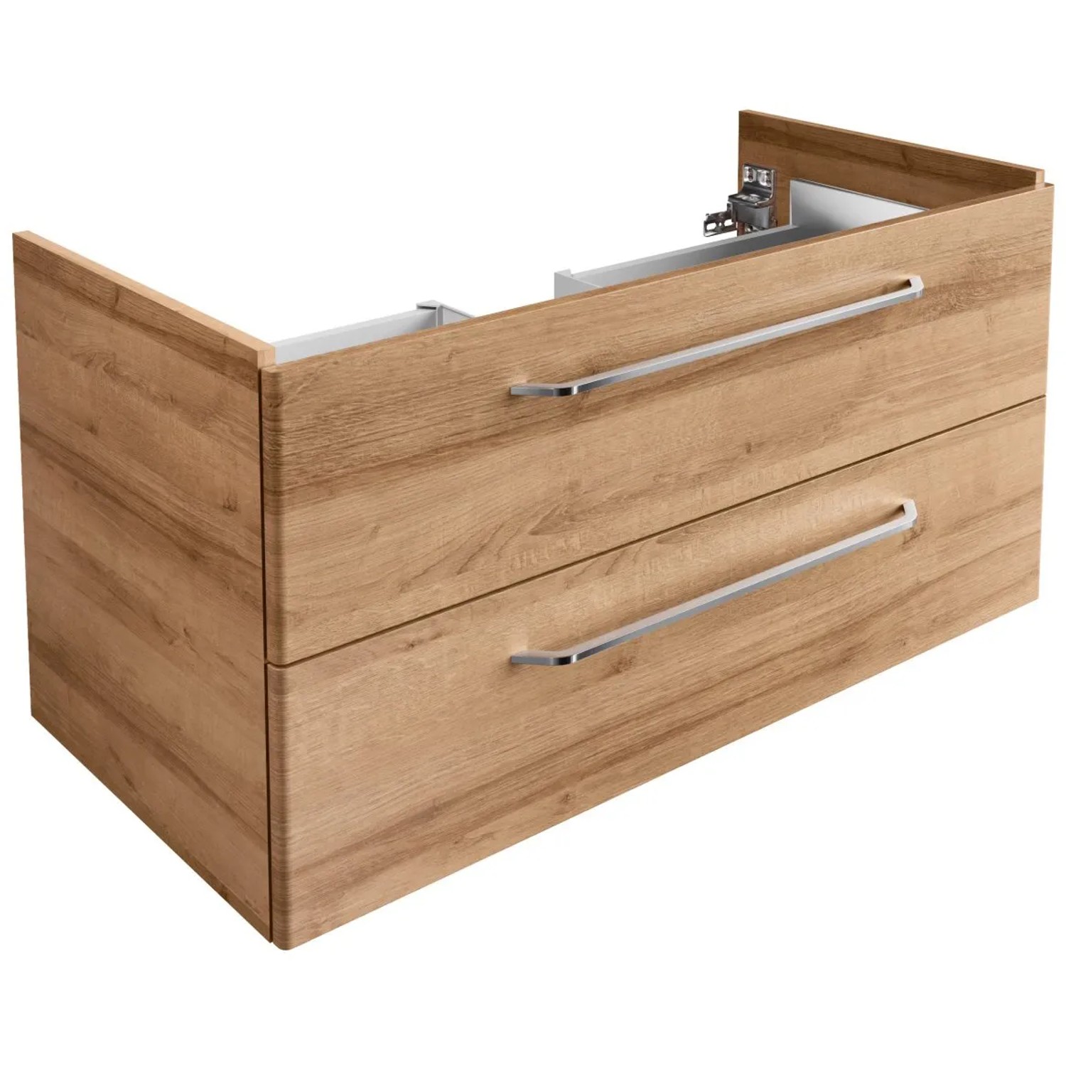 Fackelmann Waschbeckenunterschrank Milano, Asteiche, 100 cm breit, mit zwei Schubladen und silbernen Griffen.