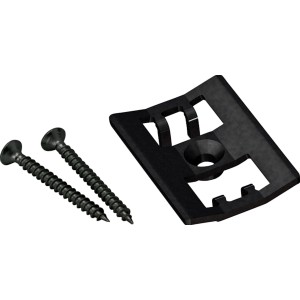 Schwarzer Universal-Terrassenclip aus Edelstahl mit zwei Schrauben für die unsichtbare Montage von Terrassendielen.