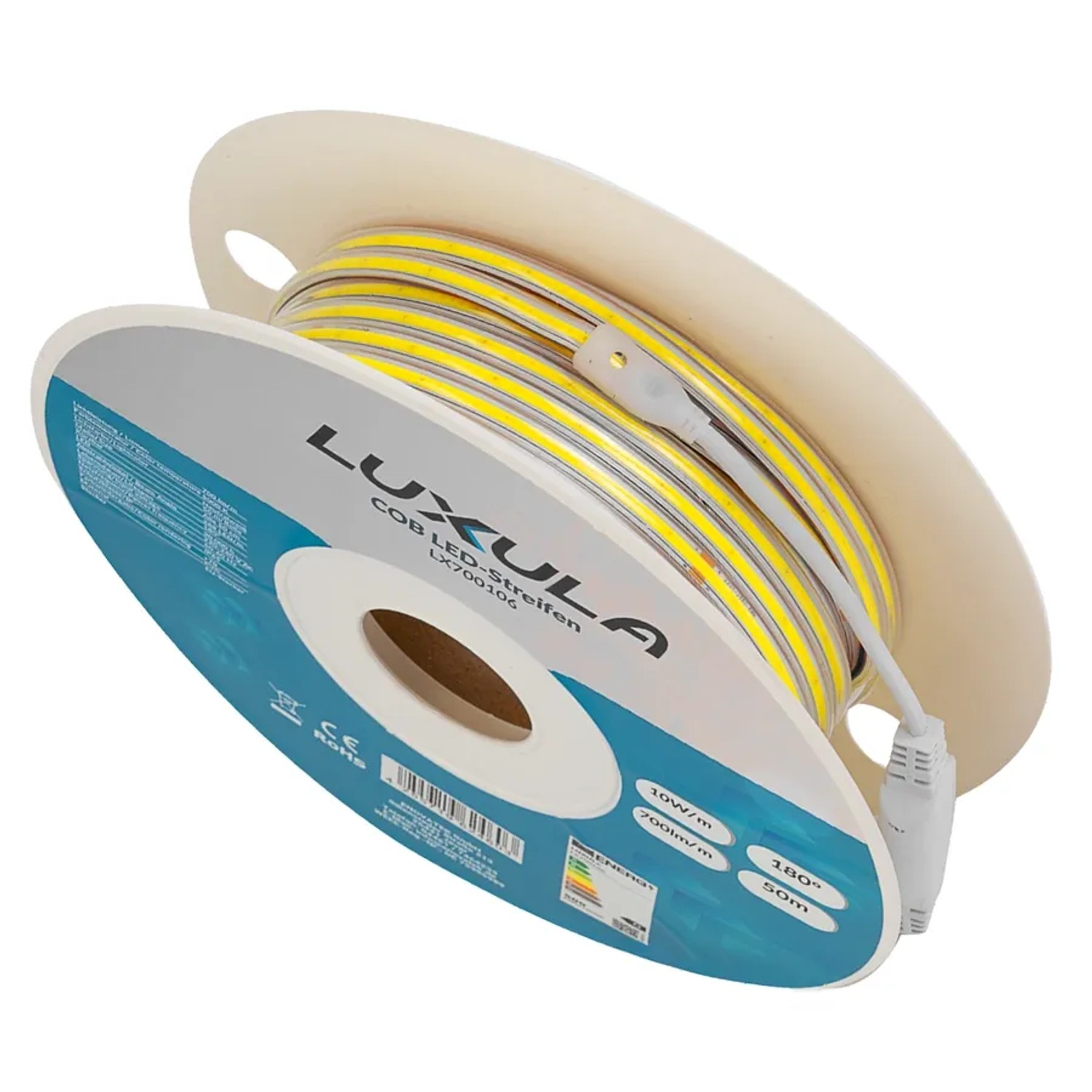 Aufgerollter LUXULA COB LED Streifen, 50m, grün, für Weihnachtsbeleuchtung und Dekoration.