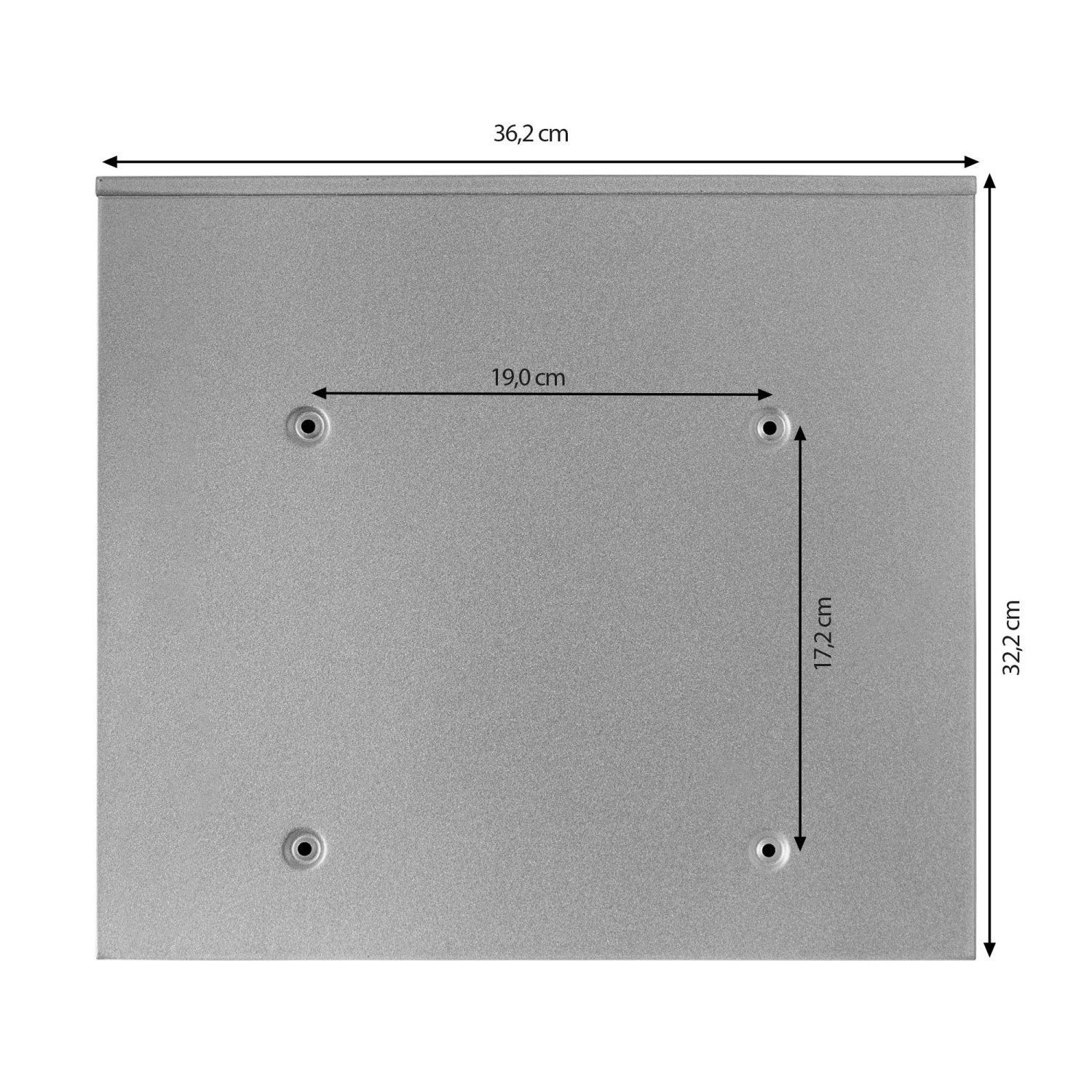 Rückansicht Banjado Briefkasten Silber mit Maßangaben für die Wandmontage.