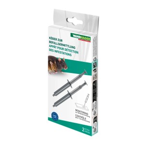 Windhager Maus- und Ratten-Köderspritze, 2er-Pack. Verpackung mit zwei grauen Spritzen für Fallen.