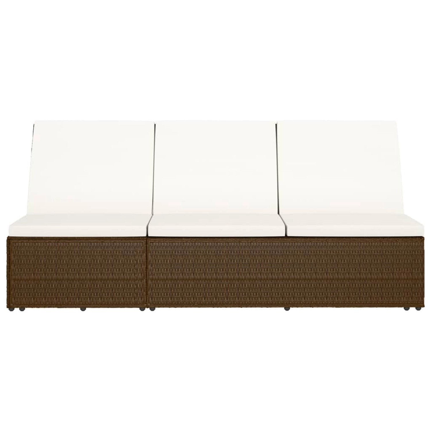 Braune vidaXL Sonnenliege aus Poly Rattan mit cremeweißen Auflagen.