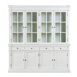 Antik-weißer 4-türiger Vitrinenschrank Amaretta mit Glasfronten und Schubladen.