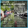 CCLIFE Akku Astschere schneidet Ast, daneben manuelle Schere. Zeigt Effizienz und weniger Kraftaufwand beim Schneiden.