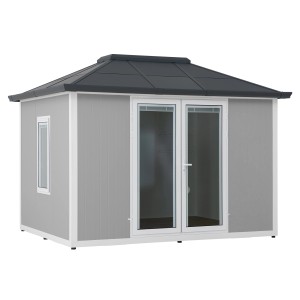 Modernes, graues Sunjoy Gartenhaus Riga aus Alu/Stahl mit Fenster und Doppeltür.