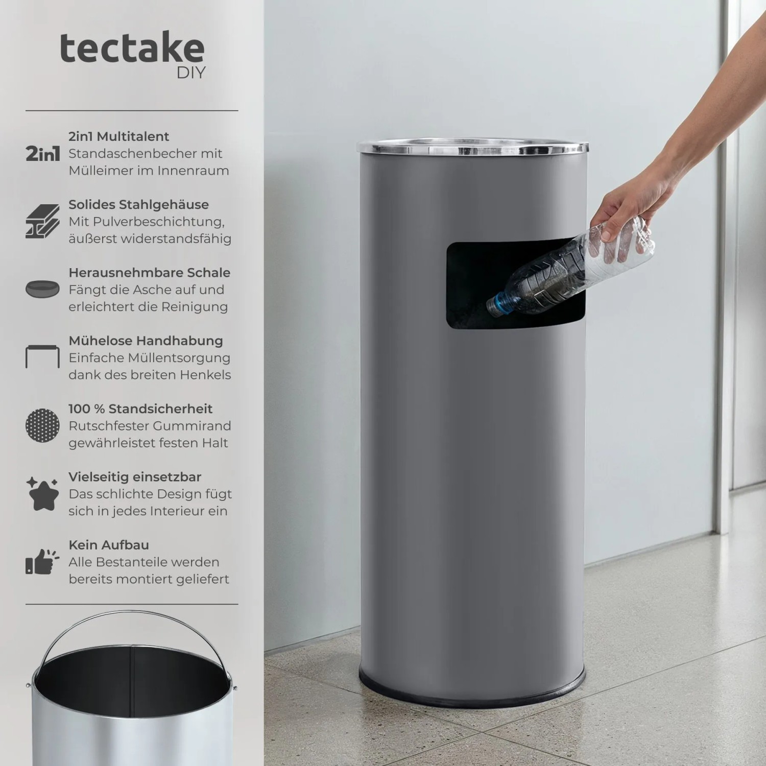 Tectake Standaschenbecher  Rund Mit Mülleimer und Inneneimer  25 x 25 x 61 cm Anthrazit_2