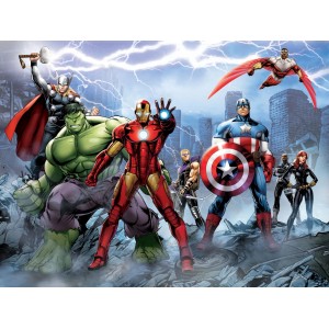 Fototapete mit den Avengers: Iron Man, Hulk, Thor, Captain America und Black Widow in Blau, Grün und Rot.