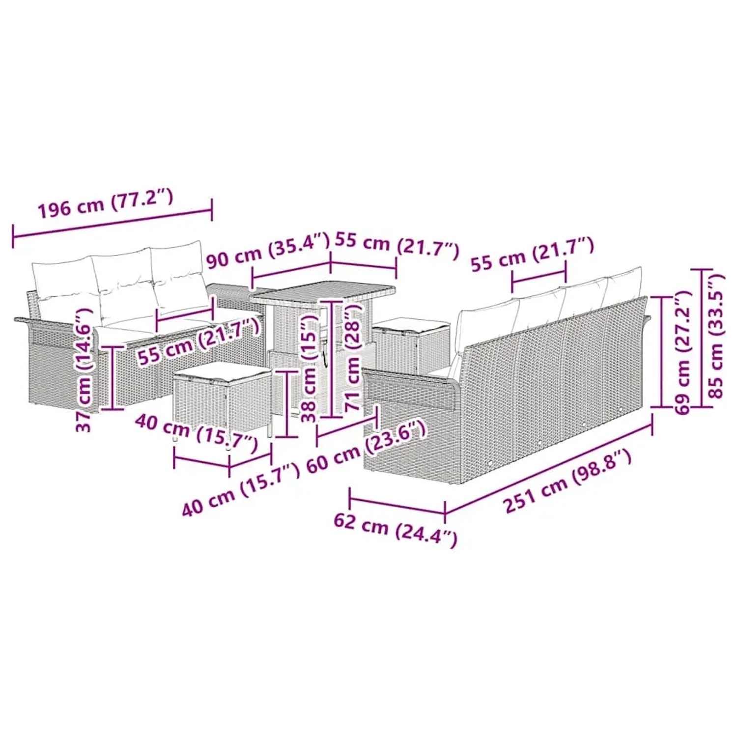 vidaXL Garten-Sofa-Set, 10-teilig, schwarz, Poly Rattan, mit Maßangaben.