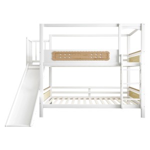 Weißes Etagenbett 90x200cm im Hausdesign mit Rutsche und Leiter. Dekorative Keks-Geländer aus Holz.